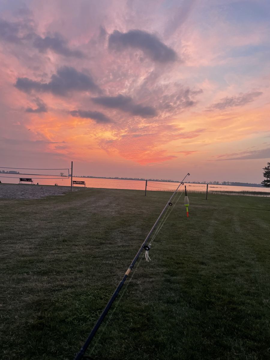Fishing rod at sunset by the lake